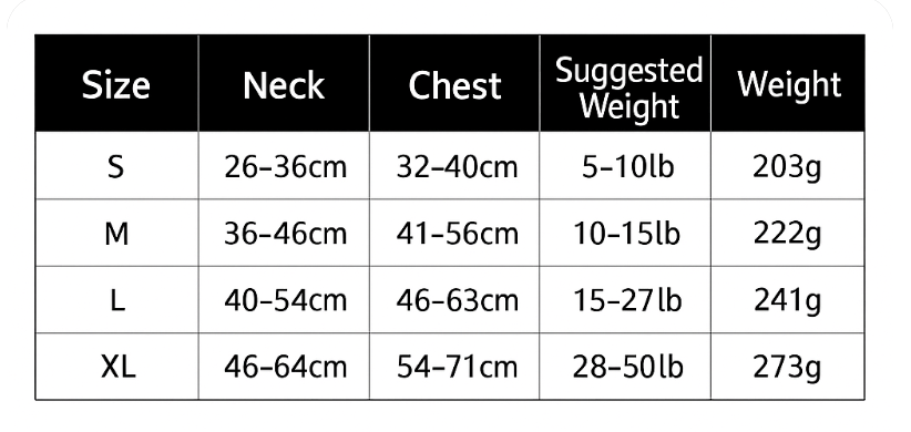Size chart for clothing with measurements in centimeters and suggested weights in pounds.