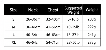 Size chart for clothing with measurements in centimeters and suggested weights in pounds.