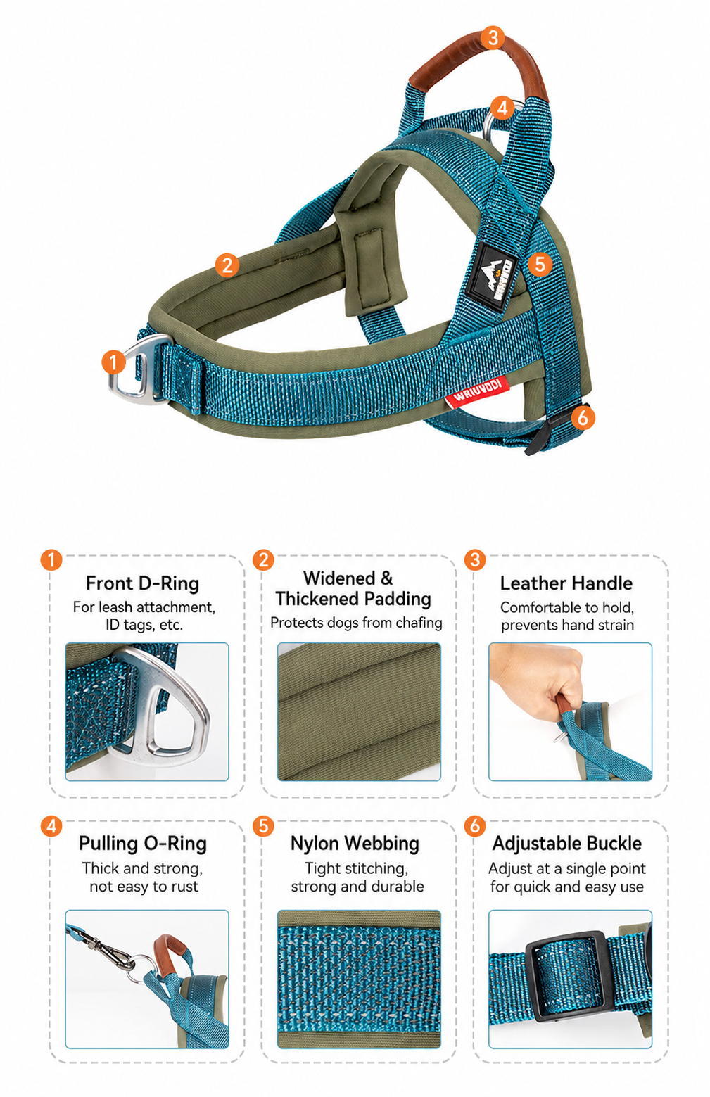 adjustable dog harness with leather handle features