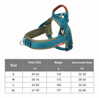 Blue dog harness with size chart