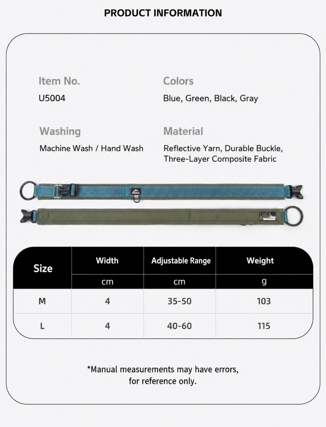 Product information card for a belt with specifications including color options, washing instructions, material details, and size chart.