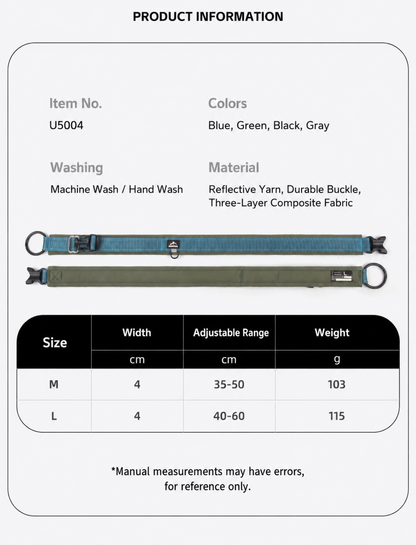 Product information card for a belt with specifications including color options, washing instructions, material details, and size chart.