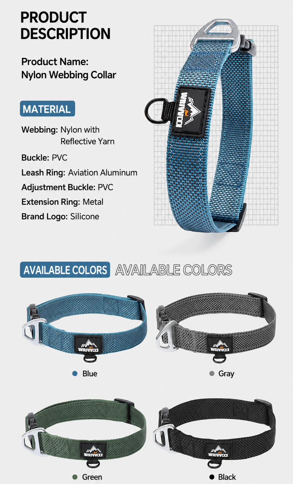 Nylon webbing collar with reflective yarn, adjustable buckle dog collar