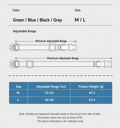 Measurement chart for a pet harness with color options, adjustable range, and size information.