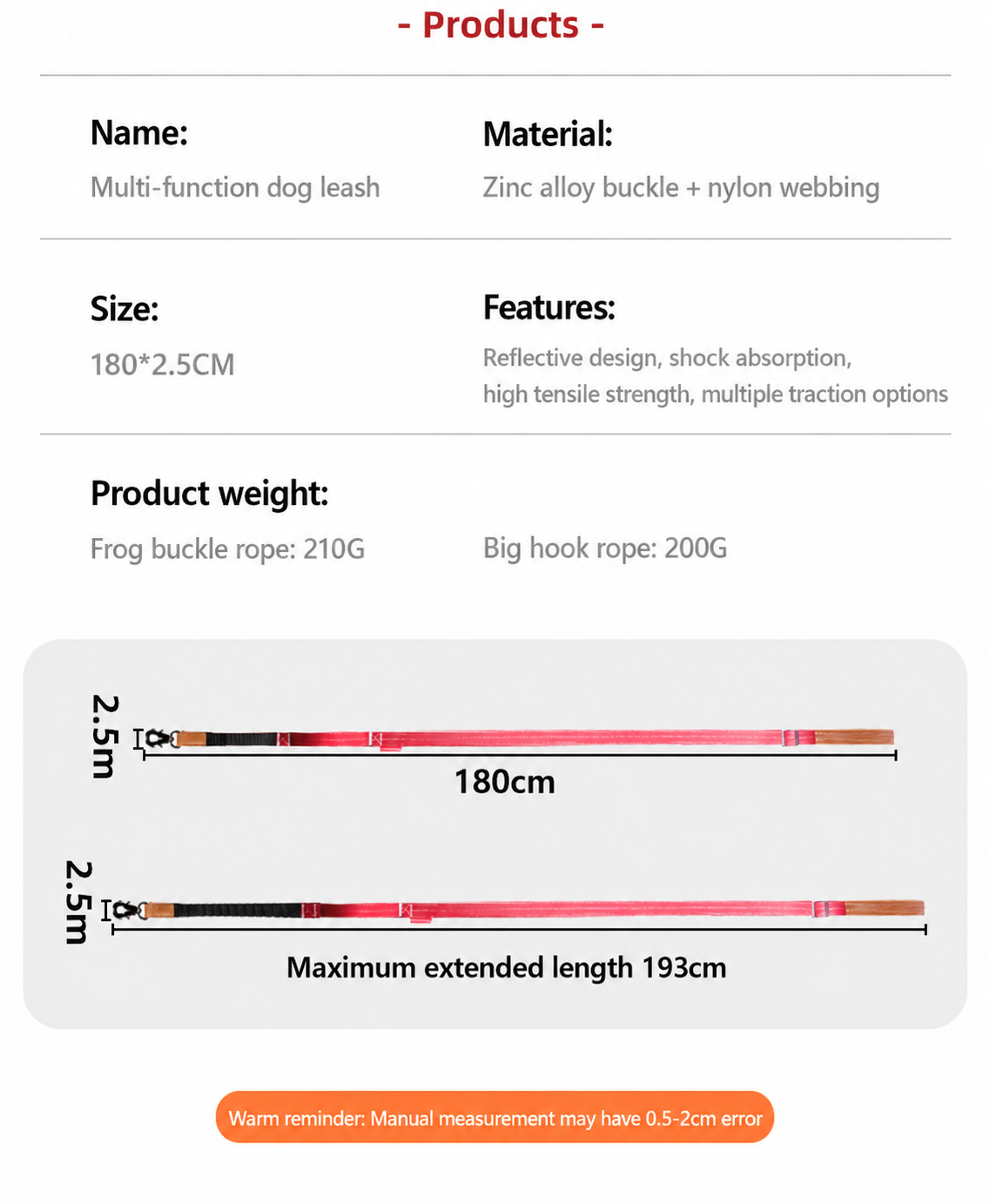 Product details of a multi-function dog leash with specifications and measurement chart.