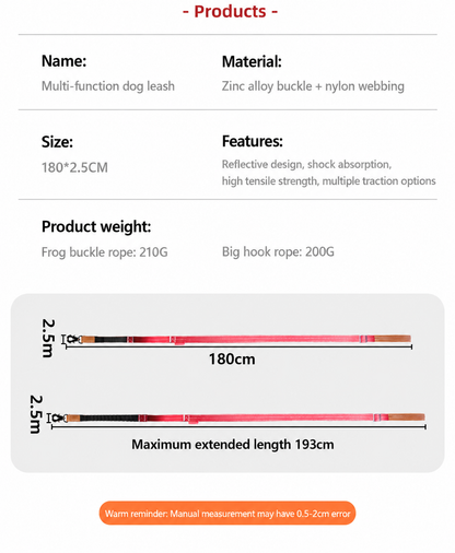 Product details of a multi-function dog leash with specifications and measurement chart.