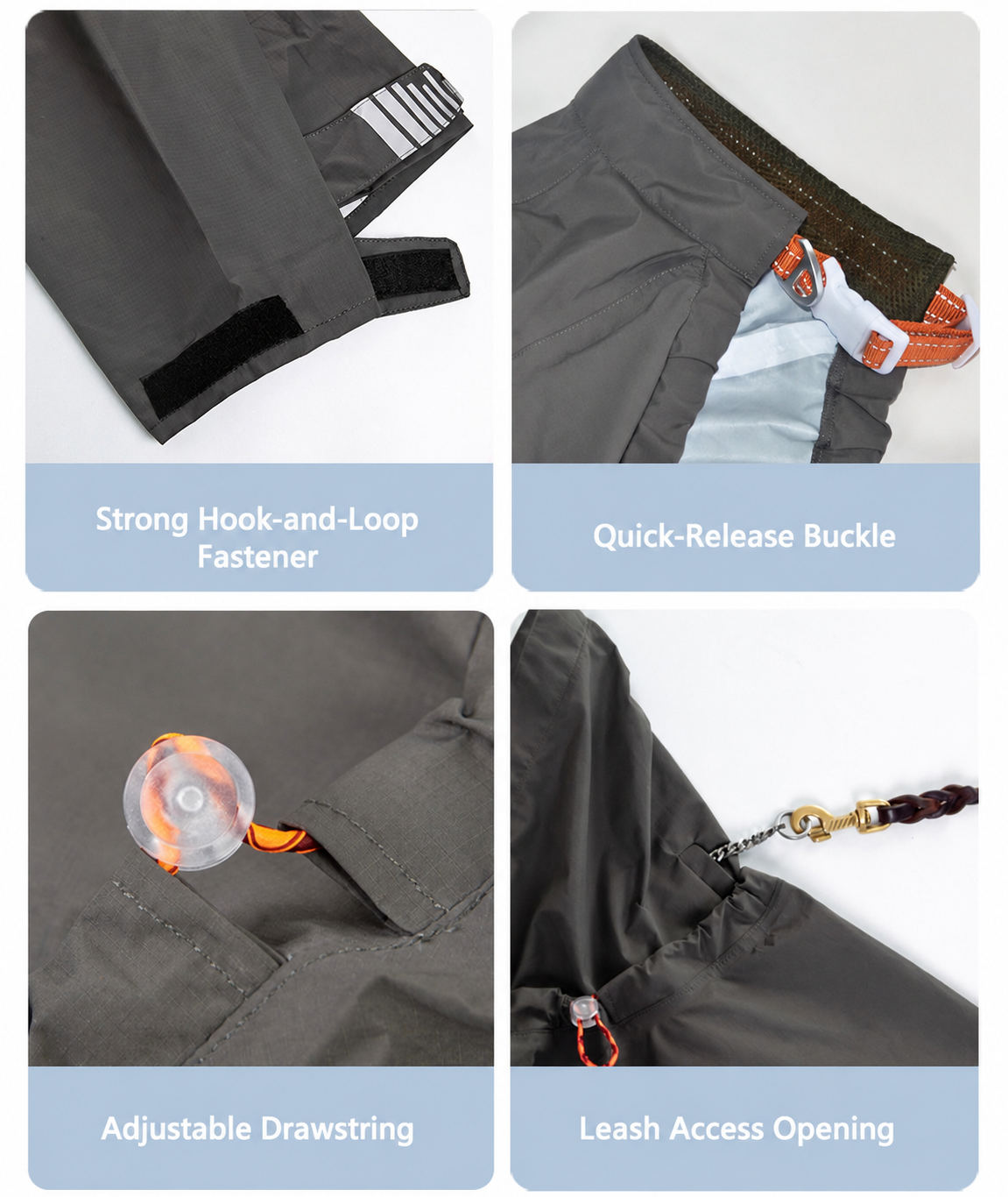  a strong hook-and-loop fastener, quick-release buckle, adjustable drawstring, and leash access opening dog raincoat