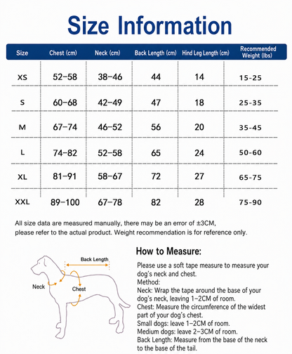 Dog size chart with measurements and weight recommendations