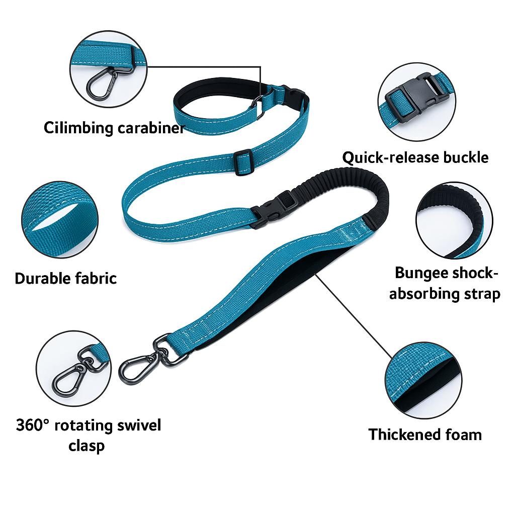 multifunctional dog leash with features highlighted