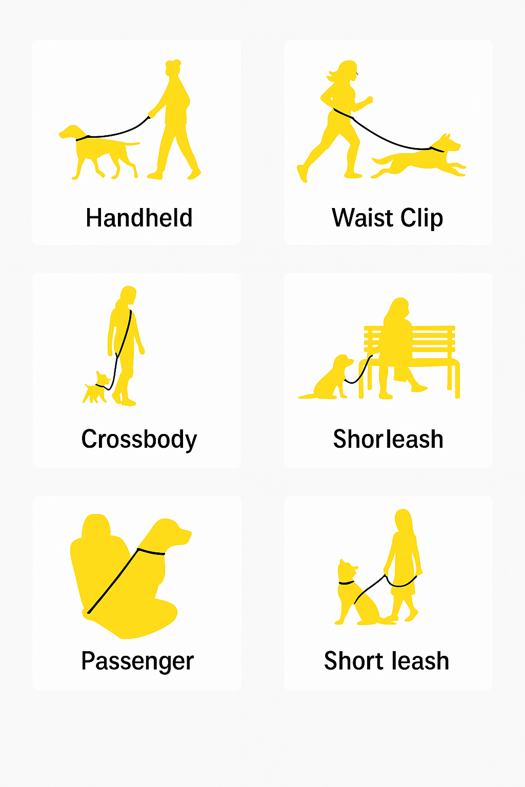 Illustrations of different dog leash usage scenarios
