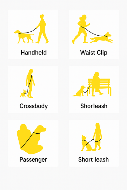 Illustrations of different dog leash usage scenarios