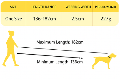 Dog leash product details with size, length range, webbing width, and product weight