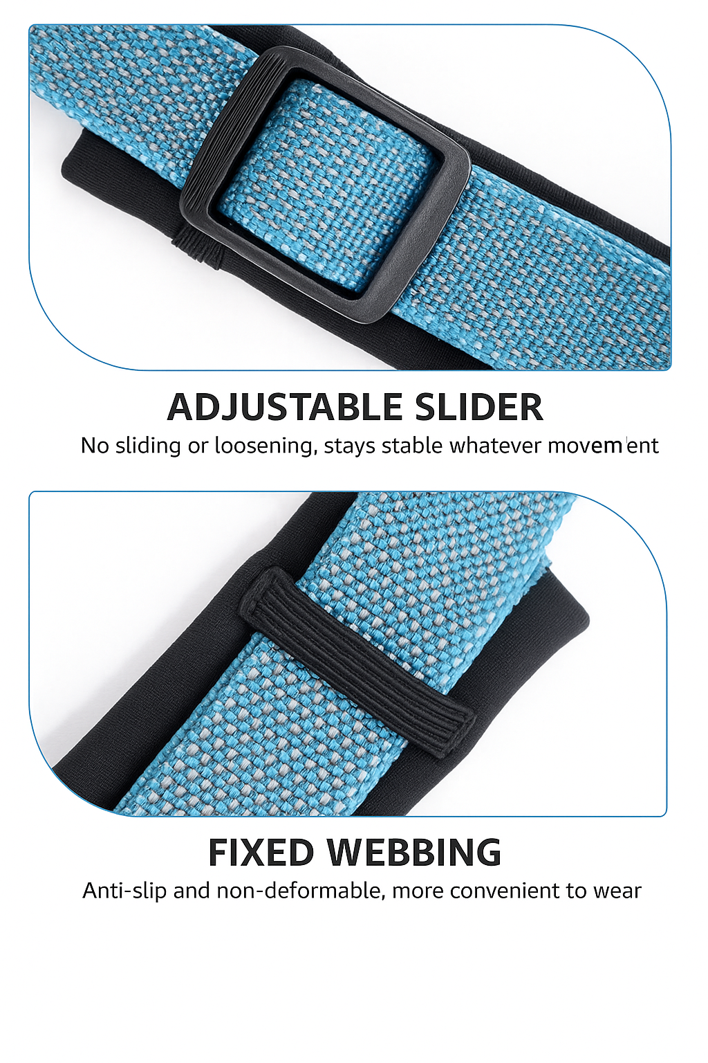 Blue strap with adjustable slider and fixed webbing dog harness