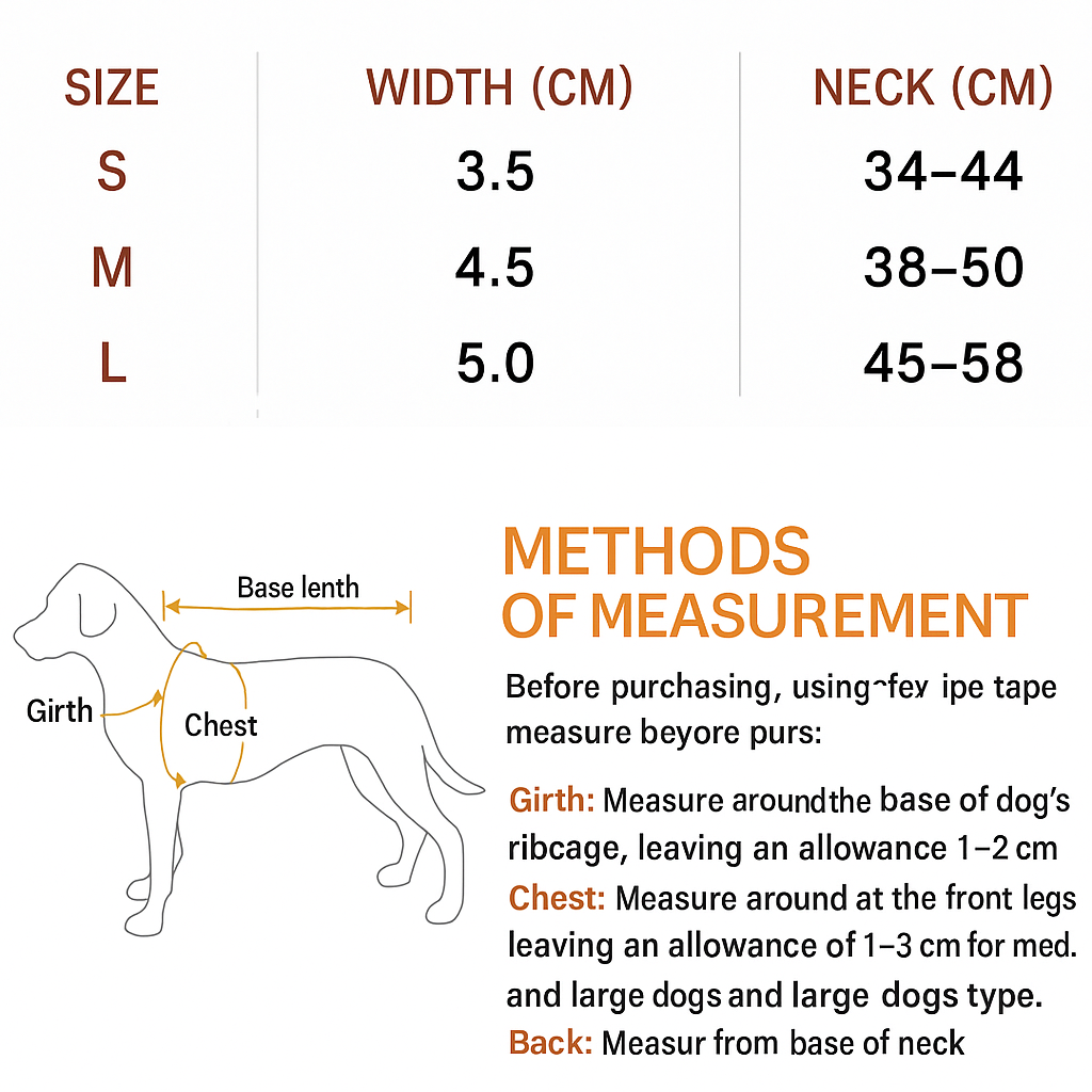 Dog size chart with measurements for width and neck circumference, along with methods of measurement.
