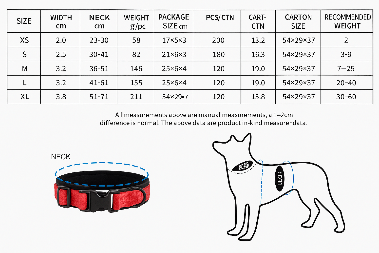 Dog collar size chart with measurements and dimensions