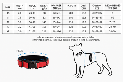 Dog collar size chart with measurements and dimensions