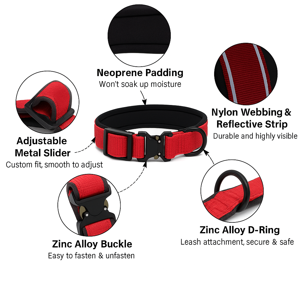 waterproof padded dog collar with features highlighted 