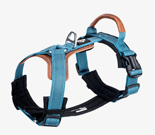 blue reflective no pull dog harness with leather handle