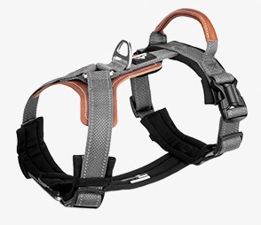 grey reflective no pull dog harness with leather handle